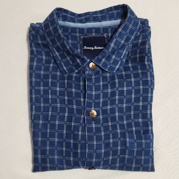 TOMMY BAHAMA SHIRT MENS L/G HAWAIIAN BUTTON BLUE CHECK SILK BLEND CAMP C… - Picture 2 of 10